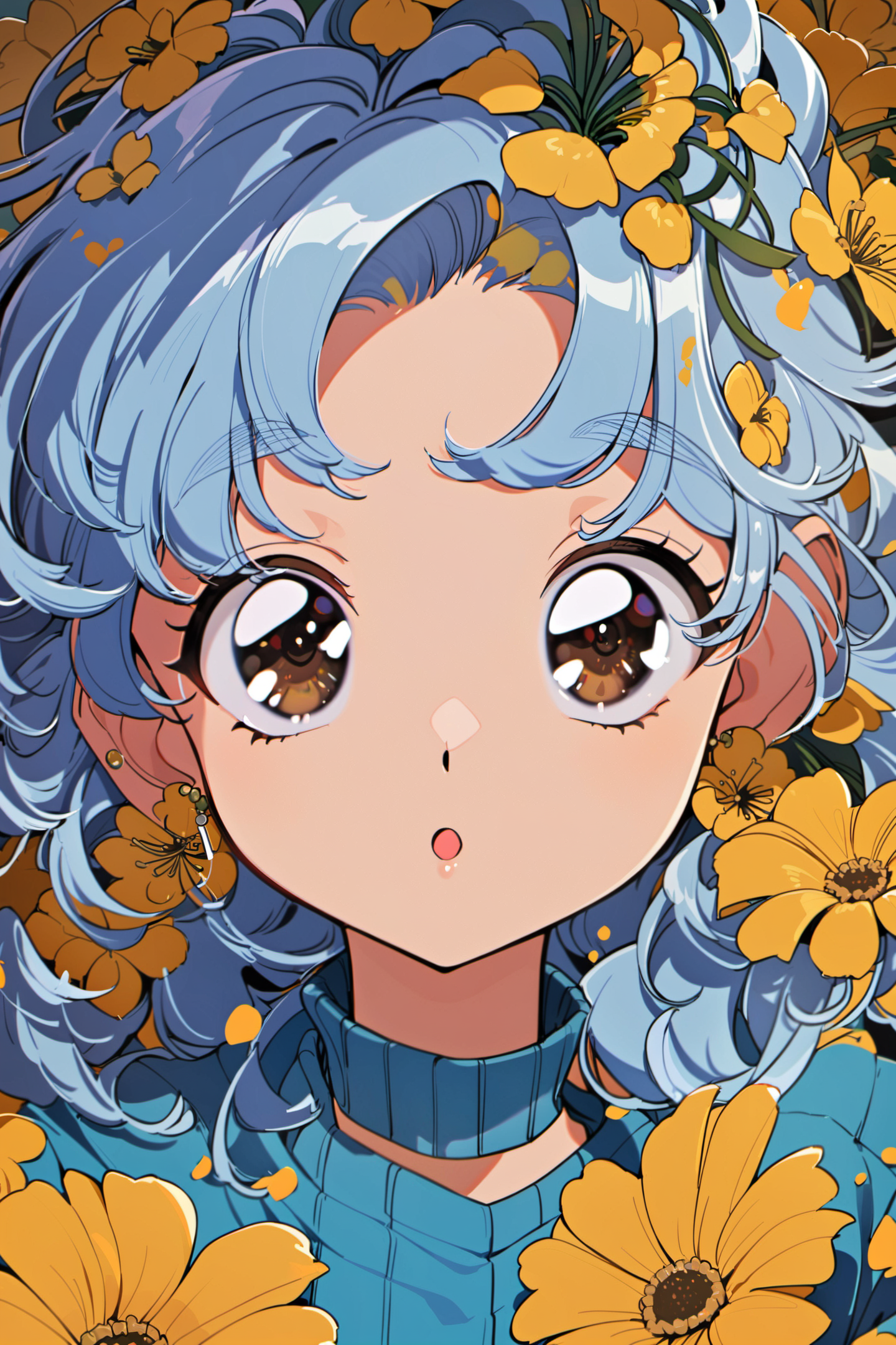 24803-1655449415-1girl,solo,blue hair,flower,brown eyes,looking at viewer,earrings,jewelry,long hair,bangs,yellow flower,flower earrings,_o,shirt.png